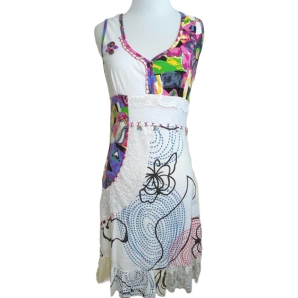 Forla Paris Mixed Media Sleeveless Dress Lace Abalone Shell Cotton Sz S - Picture 17 of 17